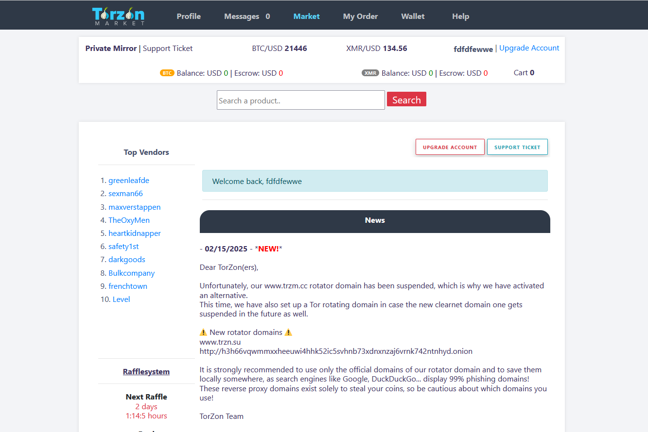 Phishing Warning for Torzon Market